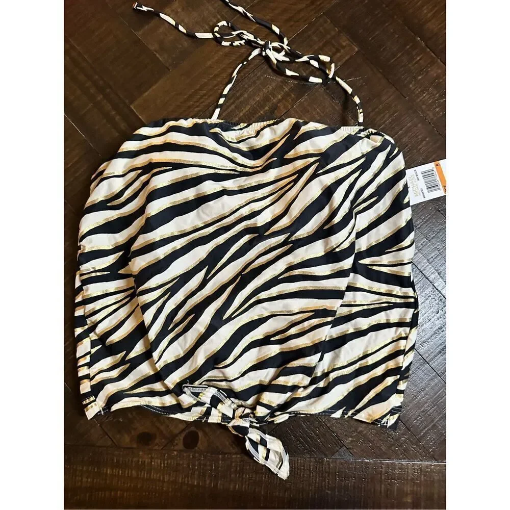 Michael Kors Black White Gold Halter Tankini Swim Top Size Small New